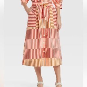 NWT Who What Wear Pink Red Cotton Coastal Pristine Striped Belted Midi Skirt XL